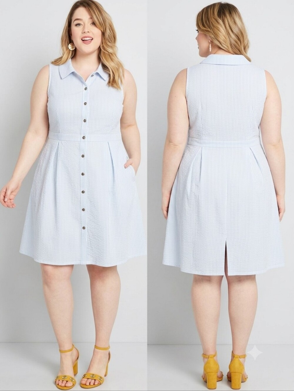 Modcloth Pale Blue Button-Front Sleeveless Collared Midi Dress